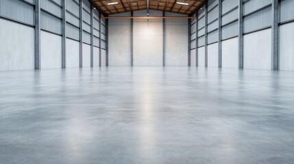 Poster - Empty warehouse interior featuring polished concrete floor and soft gradient lighting
