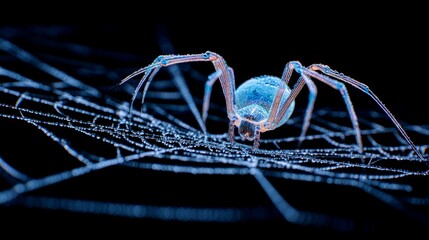 A close-up of the center web in a spider's body, the center of its belly is a blue light