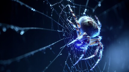 A close-up of the center web in a spider's body, the center of its belly is a blue light