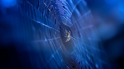 A macro shot of a spider's web in an empty room, the spider is seen at the center