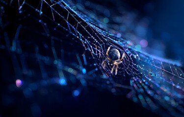 A macro shot of a spider's web in an empty room, the spider is seen at the center