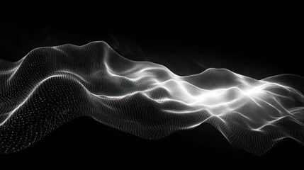 Wall Mural - abstract flowing digital wave composed of white glowing dots and lines on a black background creatin