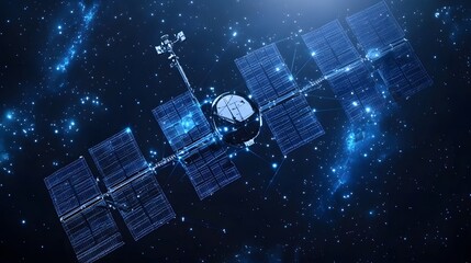 Poster - A satellite gracefully orbits, its solar panels reflecting starlight amidst a vibrant nebula and distant stars. A crucial element of space communication. Abstract wireframe in dark blue