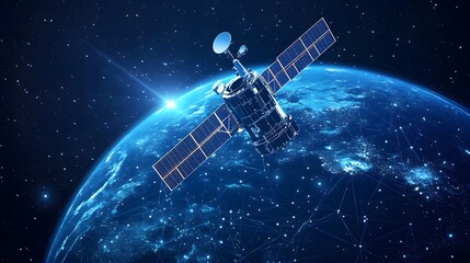 Poster - Detailed view of a satellite orbiting Earth at night, showcasing illuminated cities and a sunrise/sunset. The satellite's solar panels and antennas are clearly visible. Abstract wireframe in dark blue