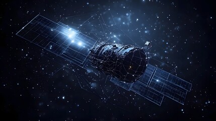 Poster - Futuristic satellite design with interconnected lines and solar panels against a backdrop of stars. A technological and ethereal feel conveys vastness. Abstract wireframe in dark blue.
