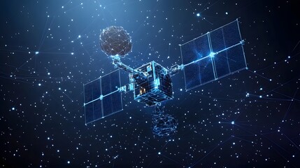 Poster - Futuristic satellite amidst a network of glowing data points, solar panels extended. High-tech communication, innovation concept. Abstract wireframe in dark blue.