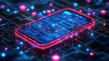 Poster - Futuristic smartphone concept with glowing blue circuits on red. A captivating abstract tech design, suggesting advanced connectivity and data flow. Abstract wireframe in dark blue