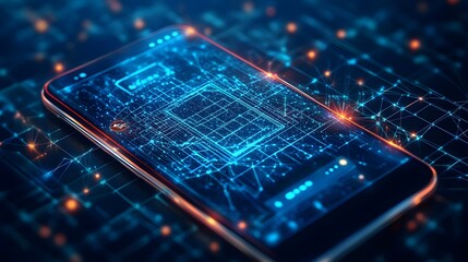 Leinwandbilder - Futuristic smartphone showcasing intricate blue circuits integrated into the screen. Energy emanates with orange glow. Connected data network in dark backdrop. Abstract wireframe in dark blue.