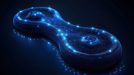 Fototapete - Futuristic bone-shaped object rendered as a blue wireframe with glowing orbs. The dark background accentuates the bright blue, giving it an ethereal, modern aesthetic. Abstract wireframe in dark blue.