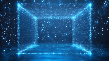Aufkleber - Captivating abstract composition featuring a box-like grid structure with luminous blue lines and particles. A central opening frames the space, enhancing the depth. Abstract wireframe in dark blue.