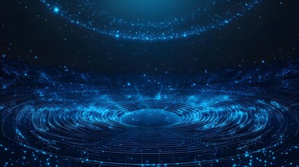 Aufkleber - Futuristic arena with illuminated blue rings suspended in deep space, creating a captivating geometric structure. A celestial arc of glowing particles hovers above. Abstract wireframe in dark blue.