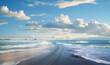 © Kamran - Serene coastal scene with gentle waves meeting sandy shoreline under bright blue sky with fluffy clouds abstract background, Perfect for vacation themes
