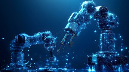 Poster - Futuristic blue robotic arms rendered digitally. Geometric shapes and glowing lines evoke advanced technology. Innovation and automation concept. Abstract wireframe in dark blue.