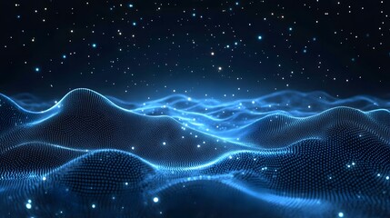 Poster - Dreamy blue dot landscape against a dark backdrop evokes celestial realms or digital data visualization. Abstract topography creates a captivating, otherworldly feel. Abstract wireframe in dark blue.