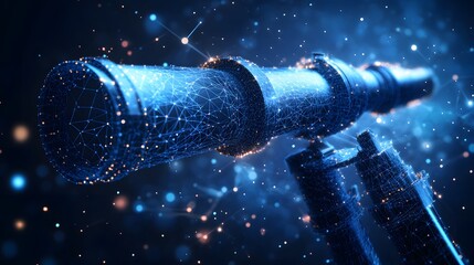 Poster - Futuristic telescope design with blue wireframe mesh and glowing orange dots. Digital representation of advanced technology, mounted on a tripod. Abstract wireframe in dark blue