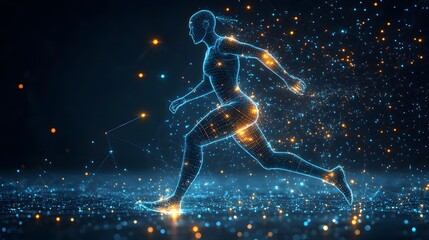 Poster - Futuristic runner depicted as a blue illuminated wireframe figure. The dark digital background with interconnected dots suggests connectivity. A technological concept. Abstract wireframe in dark blue.
