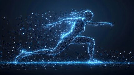Aufkleber - Futuristic runner illustration. A glowing blue figure, constructed from lines and dots, dashes across a dark blue background. Motion and technology meet. Abstract wireframe in dark blue.