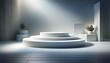 © PandaUniverse - minimalist product scene with white podiums and soft gradient