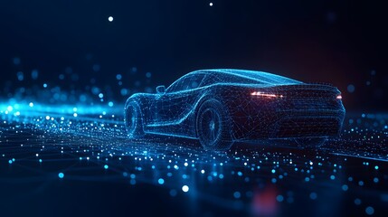 Aufkleber - Futuristic car concept driving on a glowing blue grid road. Red taillights illuminate the scene, set against a dark blue bokeh background, ideal for tech visuals. Abstract wireframe in dark blue
