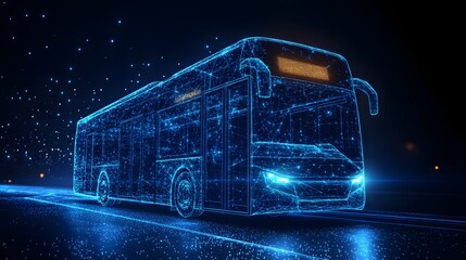 Leinwandbilder - Futuristic bus with glowing blue mesh and yellow destination sign against a dark, starry sky. Digital design with bright headlights and scattered particles. Abstract wireframe in dark blue