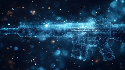 Fototapete - Futuristic AR-15 rendered in glowing blue lines against a dark backdrop. The luminous grid highlights its components, creating a technological aesthetic. Abstract wireframe in dark blue.