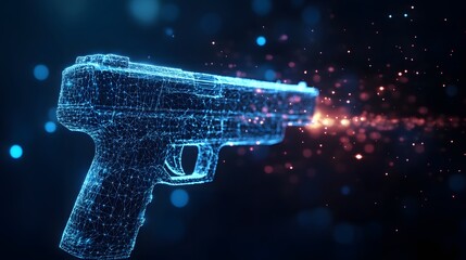 Fototapete - Futuristic handgun emitting fiery particles against a dark backdrop with bokeh lights, creating a powerful image. Ideal for gaming, tech, and action themes. Abstract wireframe in dark blue.