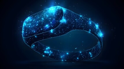 Fototapete - A digitally rendered ring, a hollow form composed of interconnected lines in a mesh pattern. Bright points illuminate the nodes, lending a futuristic glow. Abstract wireframe in dark blue.