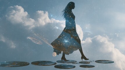 Wall Mural - realistic cosmic goddess in a cosmic sky. double exposure with woman using the planets as stepping s
