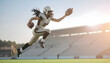 © Santri - American Football Player Leaping High to Catch Ball for Touchdown on Bright Sunny Day in Stadium with Green Grass and White Seats