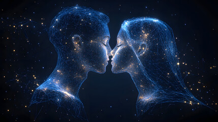 Aufkleber - Digital love in abstract form. Ethereal figures connect through a network of blue lines and nodes, symbolizing modern romance and technology. Intimate moment. Abstract wireframe in dark blue.