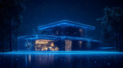 Poster - Futuristic two-story house glows with inner light, a blue wireframe above reflective water. Surrounded by trees and a starry night, it evokes ethereal modern living. Abstract wireframe in dark blue