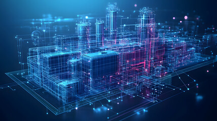 Aufkleber - Futuristic cityscape rendered in wireframe. Blue and pink geometric shapes create a high-tech, interconnected industrial complex. Glowing orbs suggest a network. Abstract wireframe in dark blue.