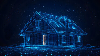Poster - Futuristic home concept rendered in a blue wireframe grid against a starry dark backdrop. Ideal for tech, architecture, or modern living themes. Abstract wireframe in dark blue.