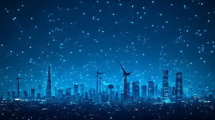 Poster - Futuristic networked cityscape with skyscrapers and wind turbines. Glowing blue lines visualize connectivity, representing a smart city's advanced infrastructure. Abstract wireframe in dark blue.