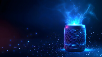 Aufkleber - Sleek smart speaker emits radiant blue energy. Connected network of light enhances its digital presence. Perfect for modern tech and audio concepts. Abstract wireframe in dark blue.