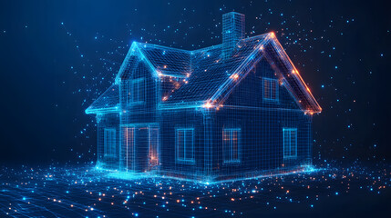 Poster - Futuristic home design concept. Abstract wireframe rendering of a house with glowing accents, floating above a network grid. Illustrates modern technology integration. Abstract wireframe in dark blue.