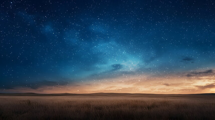 Wall Mural - starry night over serene field: a breathtaking panorama of a star-filled night sky above a tranquil 