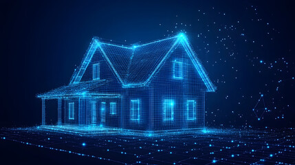 Aufkleber - Futuristic house concept rendered as a glowing blue wireframe on a dark blue backdrop. A modern, abstract design perfect for technology and architectural themes. Abstract wireframe in dark blue.