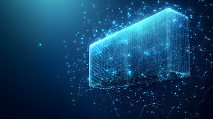 Aufkleber - Futuristic abstract cube with a complex grid and glowing nodes creates a high-tech feel. Interconnected lines and dynamic details provide a modern and engaging visual. Abstract wireframe in dark blue.