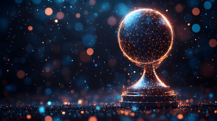 Fototapete - Futuristic trophy with glowing network lines against a blurred background. Represents digital achievement and innovative design. Abstract wireframe in dark blue.