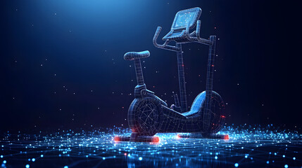 Poster - Futuristic exercise bike wireframe against a dynamic, glowing blue network. Ideal for fitness, technology, and healthy lifestyle concepts. Abstract wireframe in dark blue.