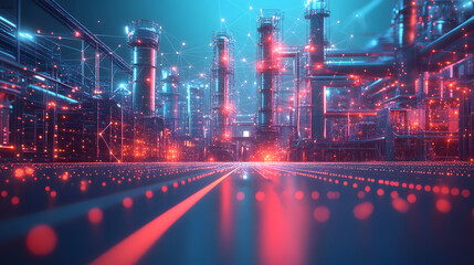 Aufkleber - Futuristic industrial cityscape featuring glowing refinery towers and intricate scaffolding. Neon lights and grid patterns create a surreal atmosphere. Abstract wireframe in dark blue.