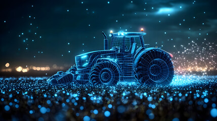 Fototapete - Futuristic farming concept. Abstract wireframe tractor cultivates a bioluminescent field under a starlit sky. Innovative agriculture and technology merge.Abstract wireframe in dark blue