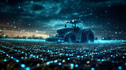 Poster - Futuristic smart farming concept with a glowing wireframe tractor working at night. Precision agriculture represented by illuminated field data. Abstract wireframe in dark blue.