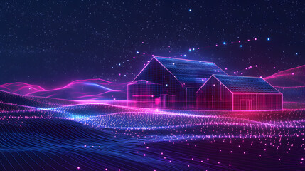 Poster - Futuristic landscape with glowing terrain and wireframe houses under a starry sky. Pink glows enhance the ethereal digital scene. Abstract wireframe in dark blue