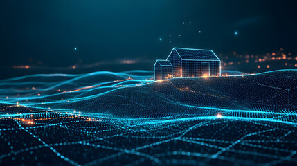 Aufkleber - Futuristic landscape featuring a wireframe house on a digital terrain with glowing nodes and distant city lights. Evokes technology and innovation. Abstract wireframe in dark blue.