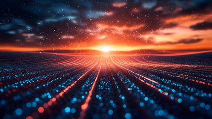 Aufkleber - Stunning celestial landscape featuring a vibrant sunset and star-filled sky. Glowing dots create depth and perspective, perfect for abstract themes. Abstract wireframe in dark blue.