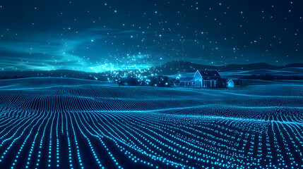 Aufkleber - Night landscape with glowing blue dots outlining a field, houses, and trees. A serene, futuristic scene with a starlit sky and rolling hills. Abstract wireframe in dark blue.