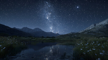 Wall Mural - Starry Night Landscape: Witness the breathtaking beauty of a starlit sky over a tranquil landscape, with the ethereal Milky Way stretching across the heavens.