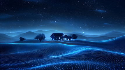 Poster - Futuristic landscape with digital blue hills and a cozy house under a starry night. Serene and tranquil, evoking a sense of technological wonder and peaceful living. Abstract wireframe in dark blue.